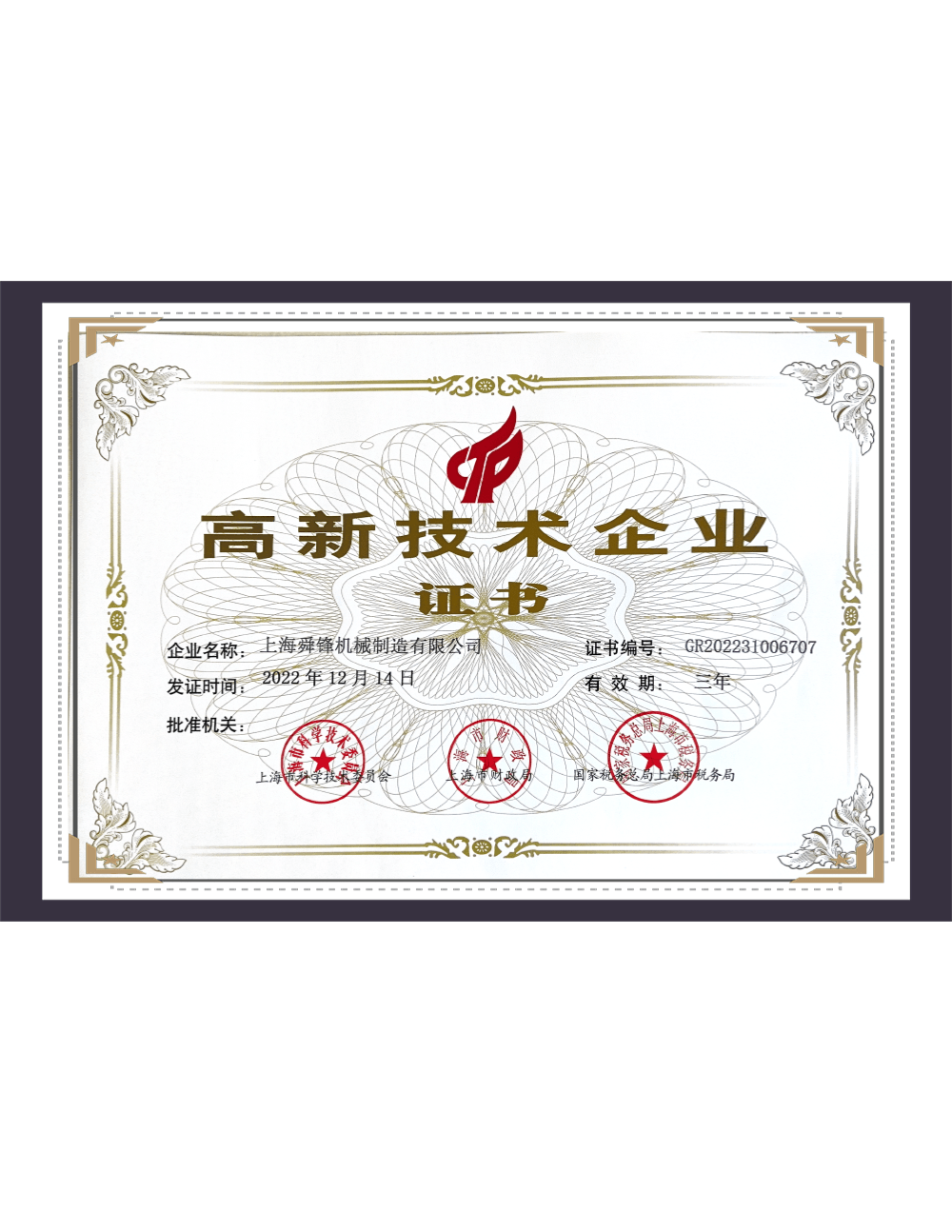 High tech Enterprise Certificate