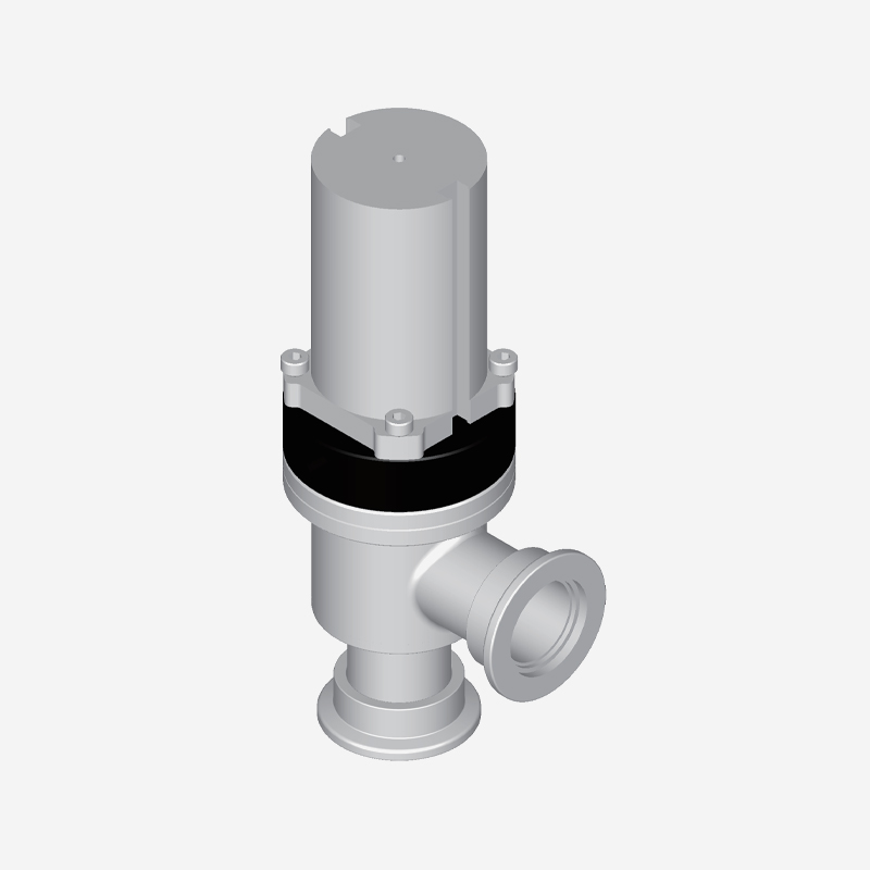 Vacuum Angle Valve, KF Flange, Single Acting, Pneumatic Open Spring Close, Pneumatic Actuator, With Bellows & Reed Sensor