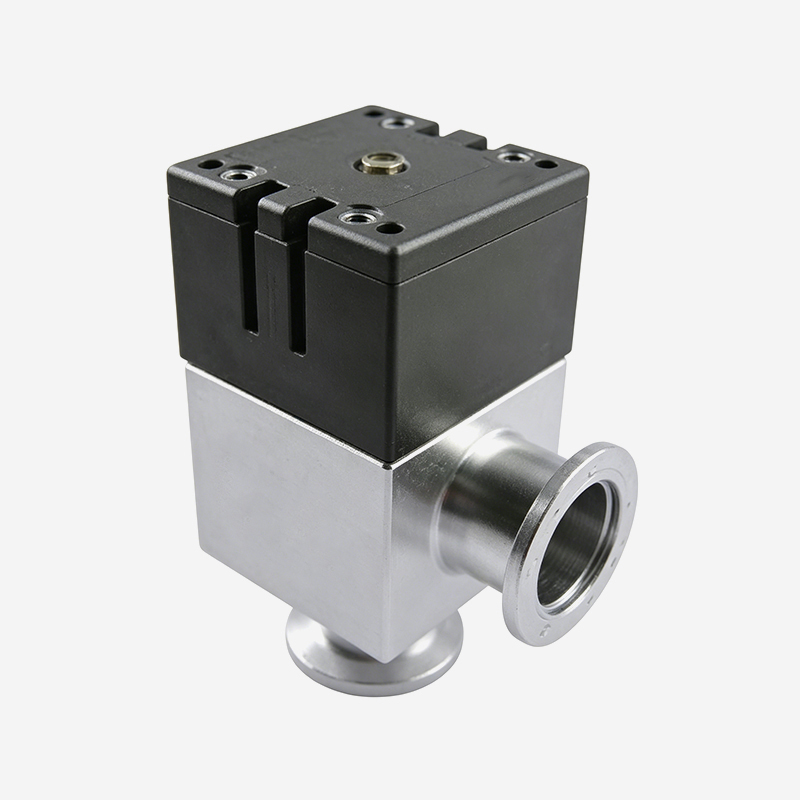High Vacuum Pneumatic Aluminum Angle Valve, Single Acting, Pneumatic Open & Spring Close, Formed Bellows Seal