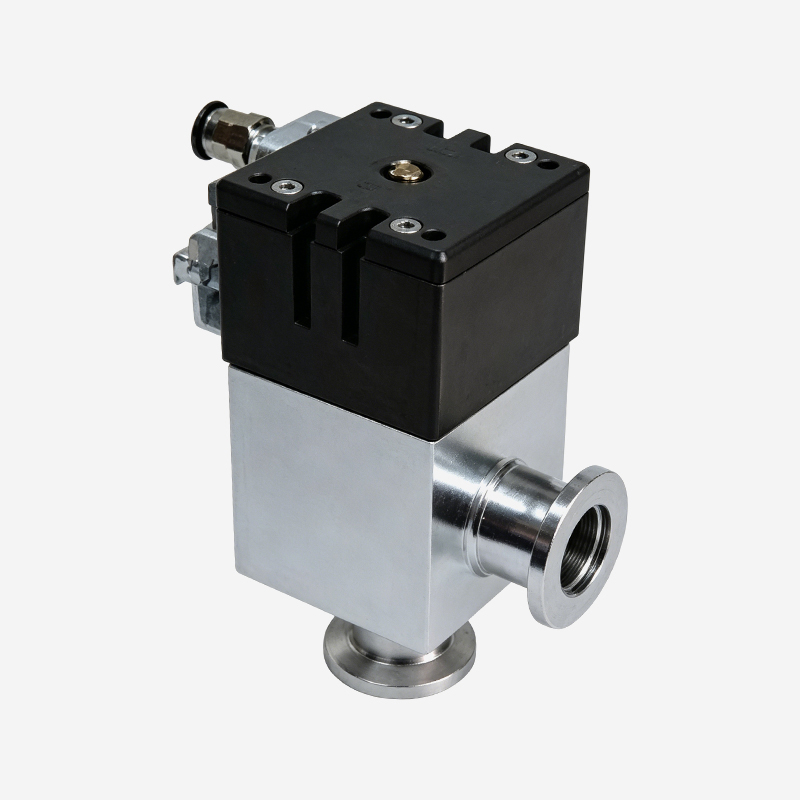 High Vacuum Pneumatic Aluminum Angle Valve, Single Acting, Pneumatic Open & Spring Close, with Formed Bellows Seal and Solenoid Valve